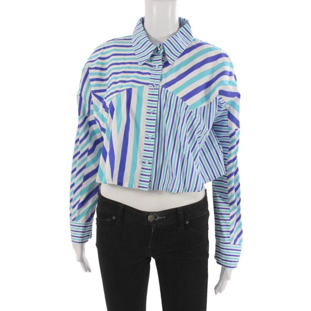 Solid & Striped Women Cropped Striped Cotton Collared Button-Up Top Blue Size S